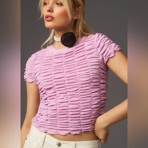 By Anthropologie SS Ruched Baby Tee Shirt Lilac Purple Size XS Cropped NEW
